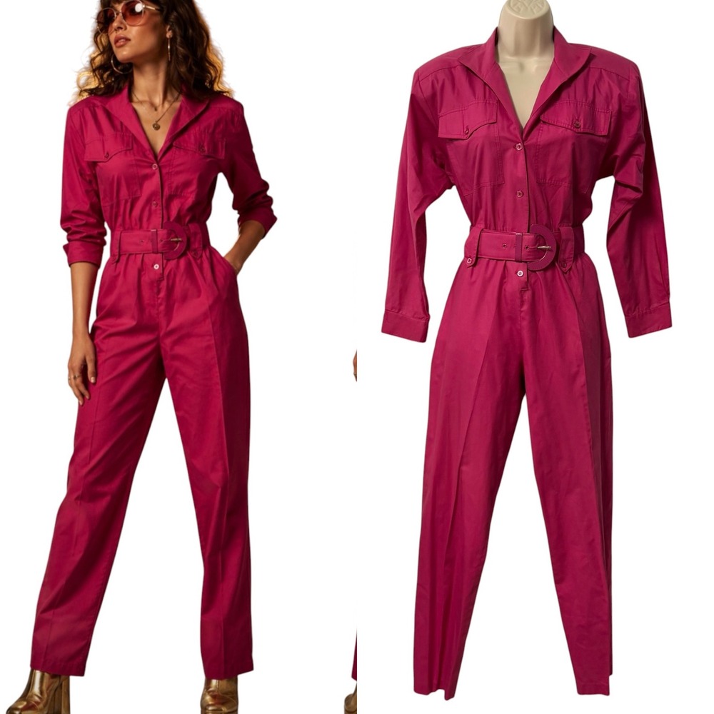 Joan Walters Jumpsuit Women 4 Hot Pink Vtg 80s Utility Belted Retro Disco Boiler